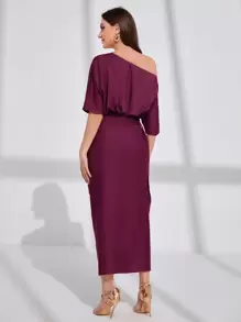 Modelyn فستان طويل من الساتان للنساء بأكمام خفافيش وتصميم غير متماثل مع ذيل منسدل، فستان رسمي طويل للسهرة