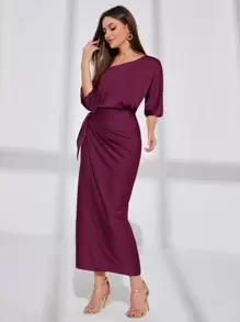 Modelyn فستان طويل من الساتان للنساء بأكمام خفافيش وتصميم غير متماثل مع ذيل منسدل، فستان رسمي طويل للسهرة