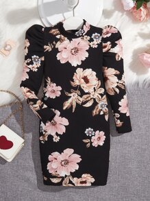 SHEIN 年輕女孩花印膨脹袖高領連衣裙