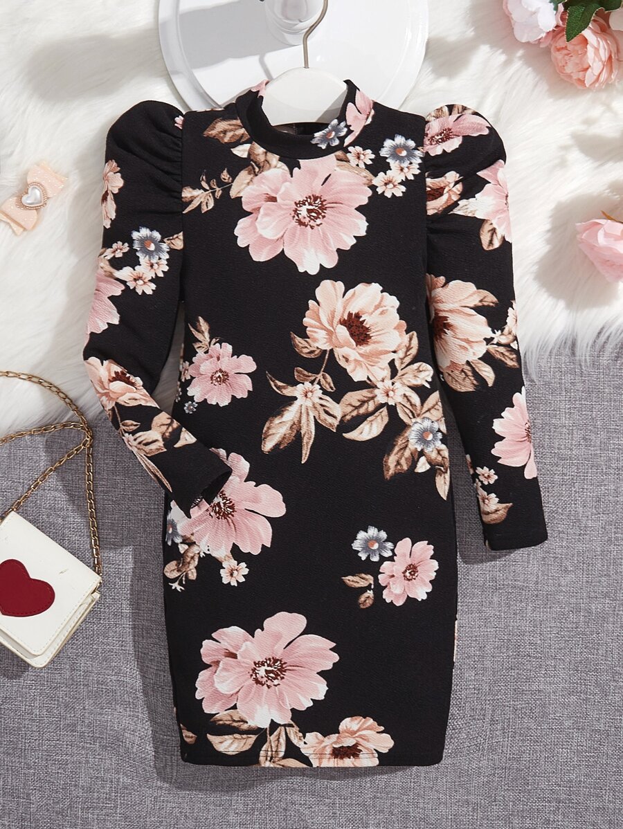 SHEIN 年輕女孩花印膨脹袖高領連衣裙