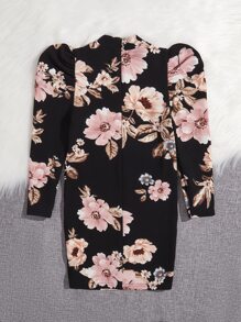 SHEIN 年輕女孩花印膨脹袖高領連衣裙