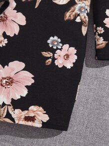 SHEIN 年輕女孩花印膨脹袖高領連衣裙