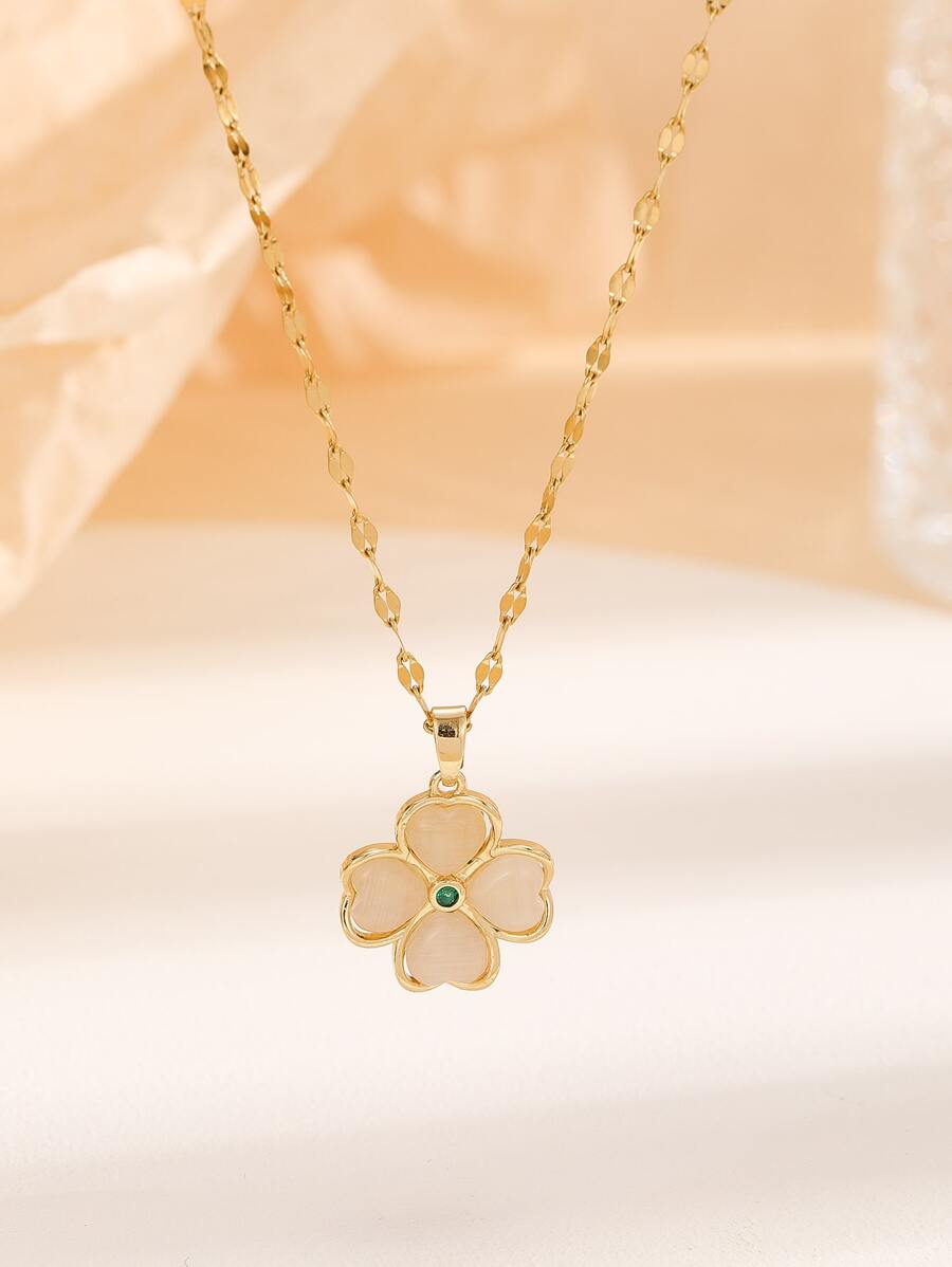 四葉草吊墜項鏈 - 金黃色 - 查看 1