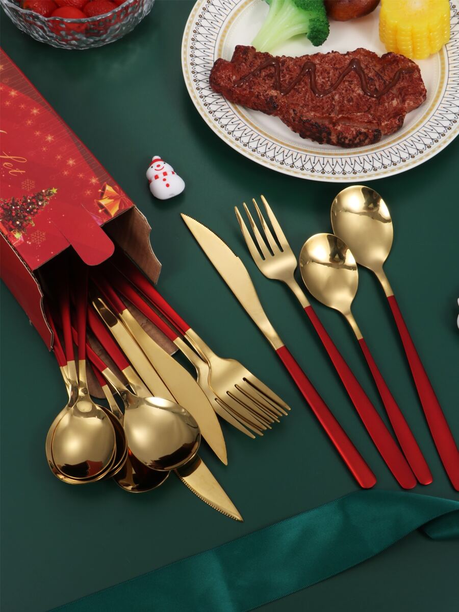 Juego De Cubiertos De Acero Inoxidable De 16 Uds Con Mango Cuadrado, En Caja De Regalo, Adecuado Para Reuniones Familiares, Restaurantes, Fiestas Y Bodas - Multicolor - Ver 1