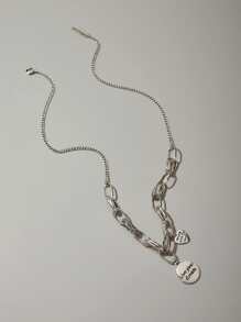 Letter Detail Round Charm Necklace - Antique Silver - View 1