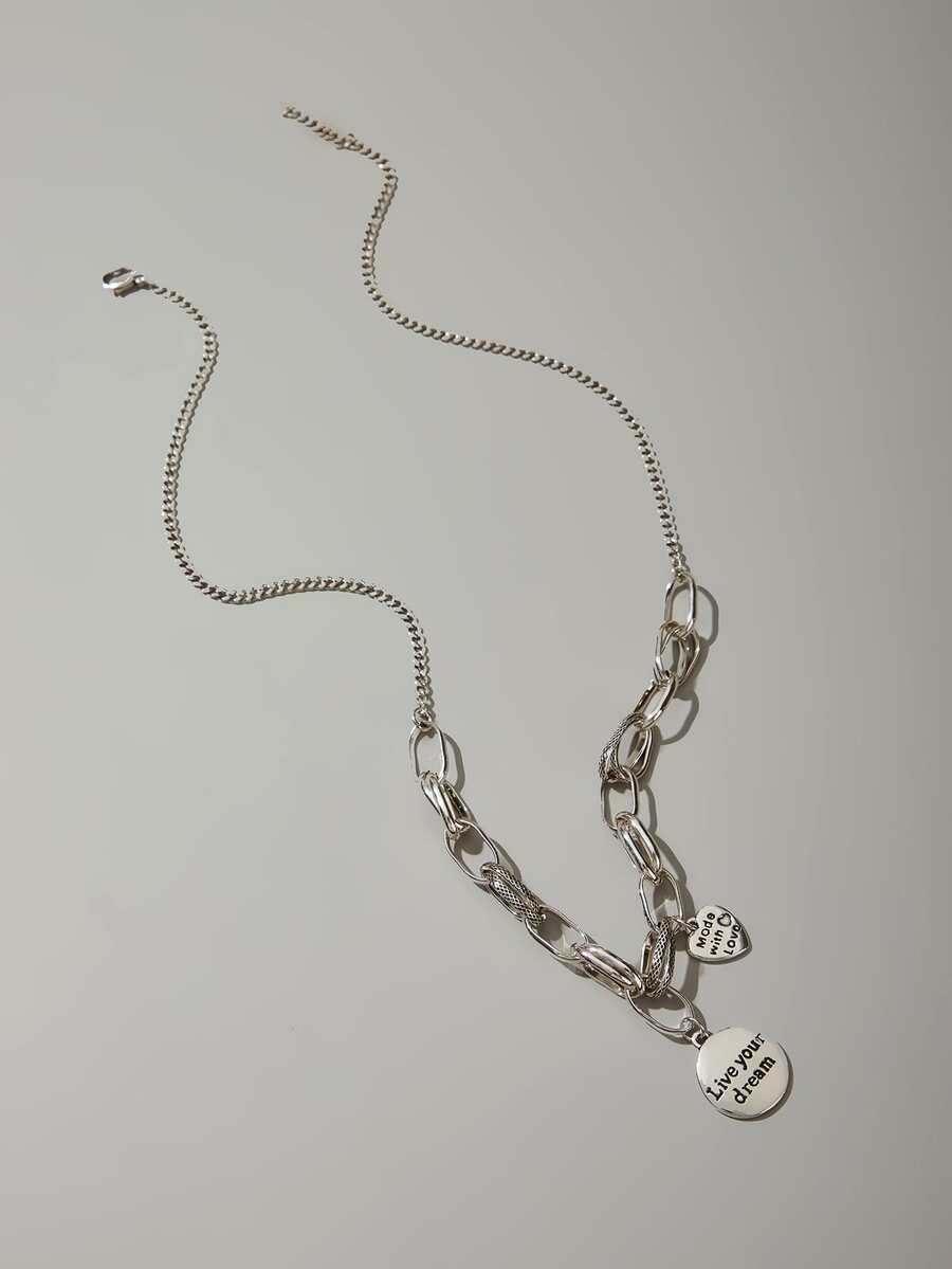 Letter Detail Round Charm Necklace - Antique Silver - View 1