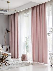 1pc Thick Herringbone Pattern Light-Blocking Curtain, Simple Aesthetic Style For Bedroom & Living Room, Ivory White - Baby Pink - View 1