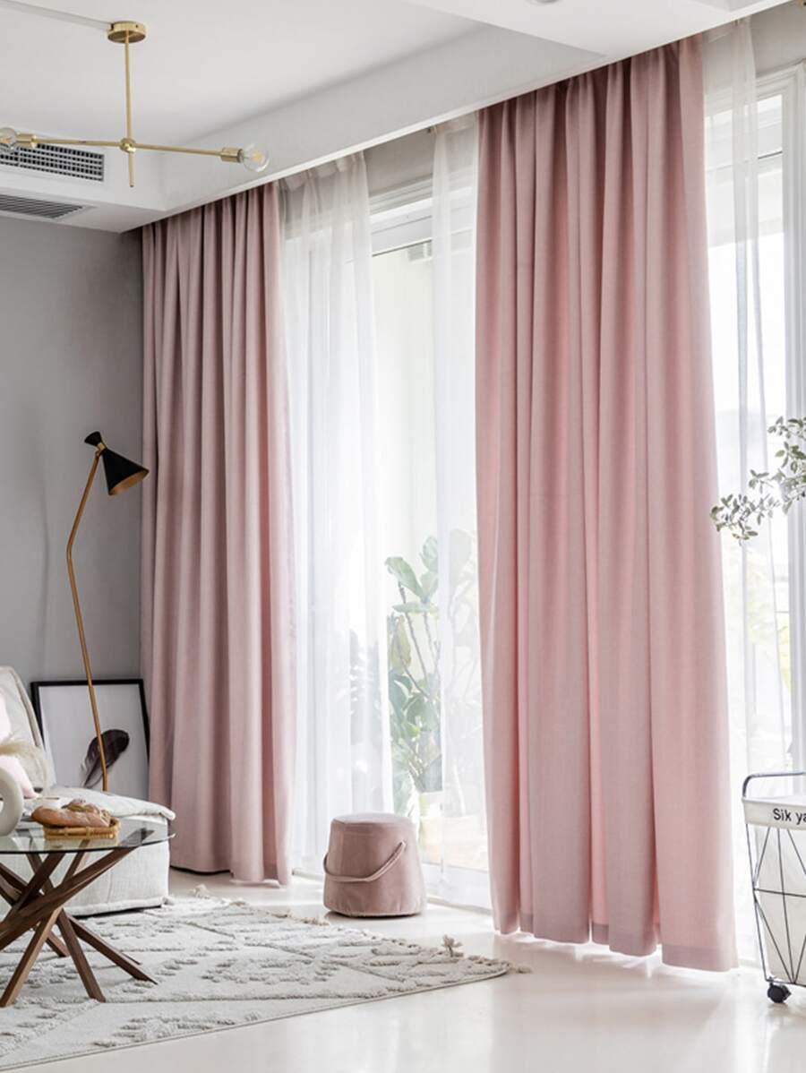 1pc Thick Herringbone Pattern Light-Blocking Curtain, Simple Aesthetic Style For Bedroom & Living Room, Ivory White - Baby Pink - View 1