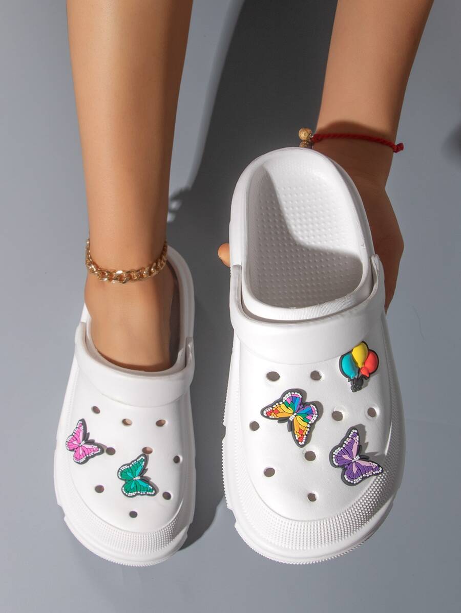 Women's White College Style Cartoon Cut Out Breathable Shoes With Butterfly & Strawberry Decor, Wooden Sole - White - View 1
