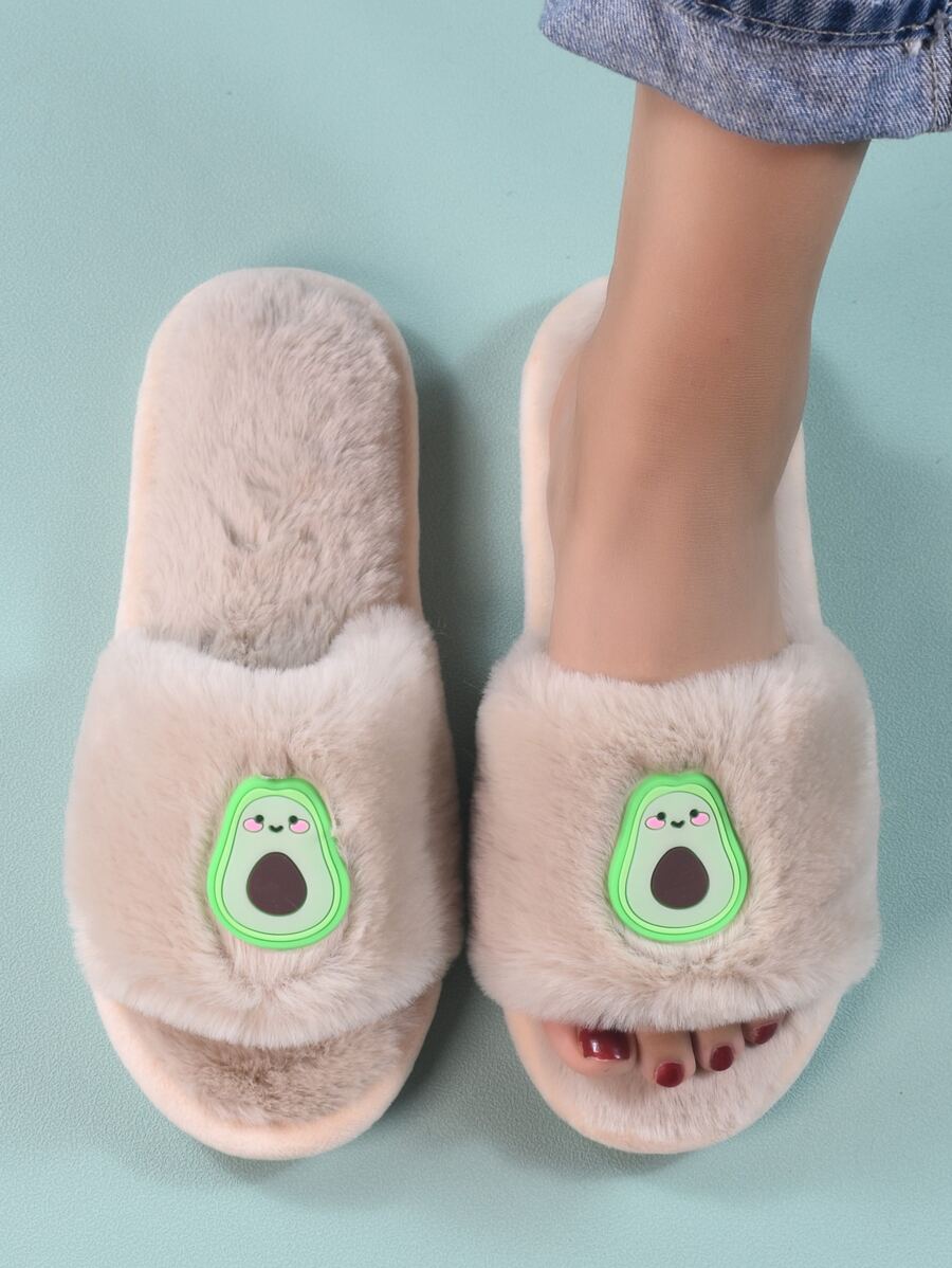 Women's Khaki Fashionable Fruit & Vegetable Pattern Bedroom Slipper With Avocado Decoration And Plush Lining