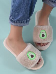 Women's Khaki Fashionable Fruit & Vegetable Pattern Bedroom Slipper With Avocado Decoration And Plush Lining - Khaki - View 3