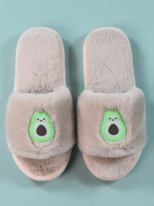 Women's Khaki Fashionable Fruit & Vegetable Pattern Bedroom Slipper With Avocado Decoration And Plush Lining - Khaki - View 4