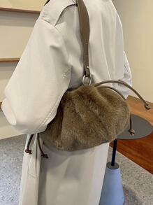 Túi vai Dây kéo Xù màu trơn Đúng mốt - Cà phê nâu - Xem 1