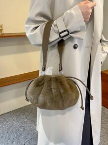 Túi vai Dây kéo Xù màu trơn Đúng mốt - Cà phê nâu - Xem 2