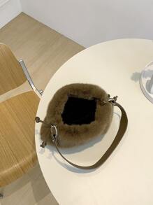 Túi vai Dây kéo Xù màu trơn Đúng mốt - Cà phê nâu - Xem 4