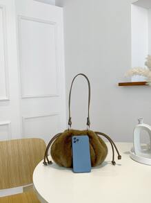 Túi vai Dây kéo Xù màu trơn Đúng mốt - Cà phê nâu - Xem 5