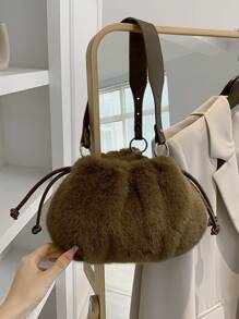 Túi vai Dây kéo Xù màu trơn Đúng mốt - Cà phê nâu - Xem 6