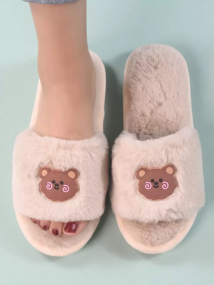 Fall/Winter Bear Head Decor Fuzzy Bedroom Slippers,Fluffy Slippers - Khaki - View 1