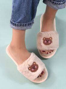 Fall/Winter Bear Head Decor Fuzzy Bedroom Slippers,Fluffy Slippers - Khaki - View 5