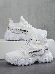 Men Letter Patch Decor Lace-up Front Chunky Sneakers - White - View 3
