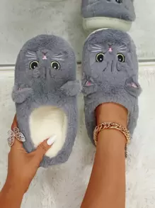 女士秋冬猫刺绣一脚蹬拖鞋，包头家居拖鞋，防滑，情侣礼物 - 灰色 - 查看 1