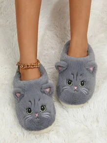 女士秋冬猫刺绣一脚蹬拖鞋，包头家居拖鞋，防滑，情侣礼物 - 灰色 - 查看 2