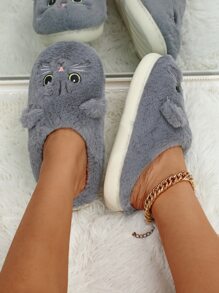 女士秋冬猫刺绣一脚蹬拖鞋，包头家居拖鞋，防滑，情侣礼物 - 灰色 - 查看 3
