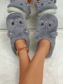 女士秋冬猫刺绣一脚蹬拖鞋，包头家居拖鞋，防滑，情侣礼物 - 灰色 - 查看 4
