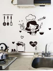 1 pieza Adhesivo de renovación de pared para cocina PVC cocina dulce con estampado de figura - Negro - Ver 4