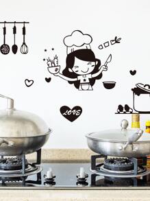 1 pieza Adhesivo de renovación de pared para cocina PVC cocina dulce con estampado de figura - Negro - Ver 5