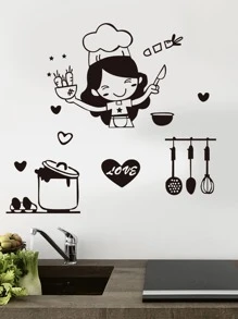 1 pieza Adhesivo de renovación de pared para cocina PVC cocina dulce con estampado de figura - Negro - Ver 2