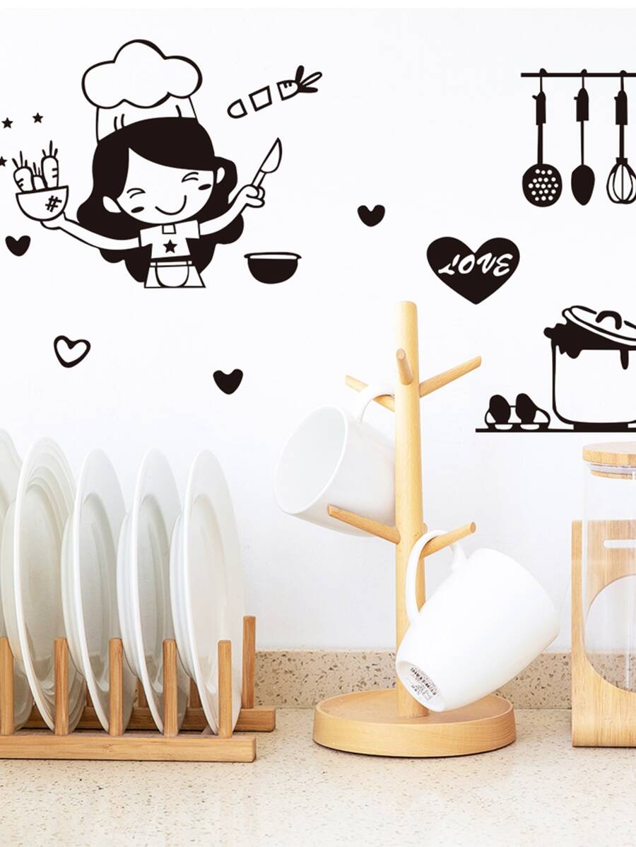 1 pieza Adhesivo de renovación de pared para cocina PVC cocina dulce con estampado de figura - Negro - Ver 1