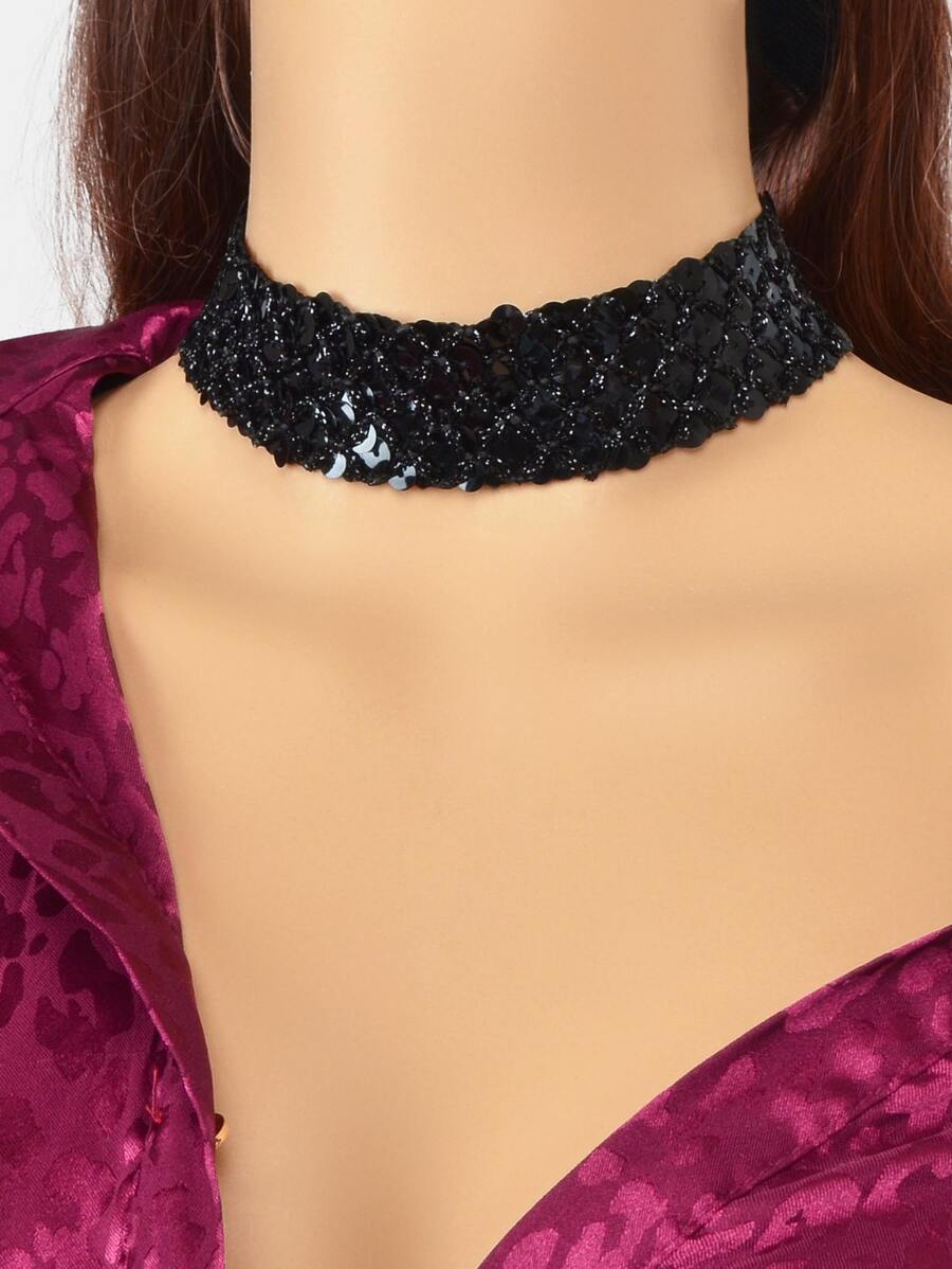 Sequin Decor Choker - Black - View 1