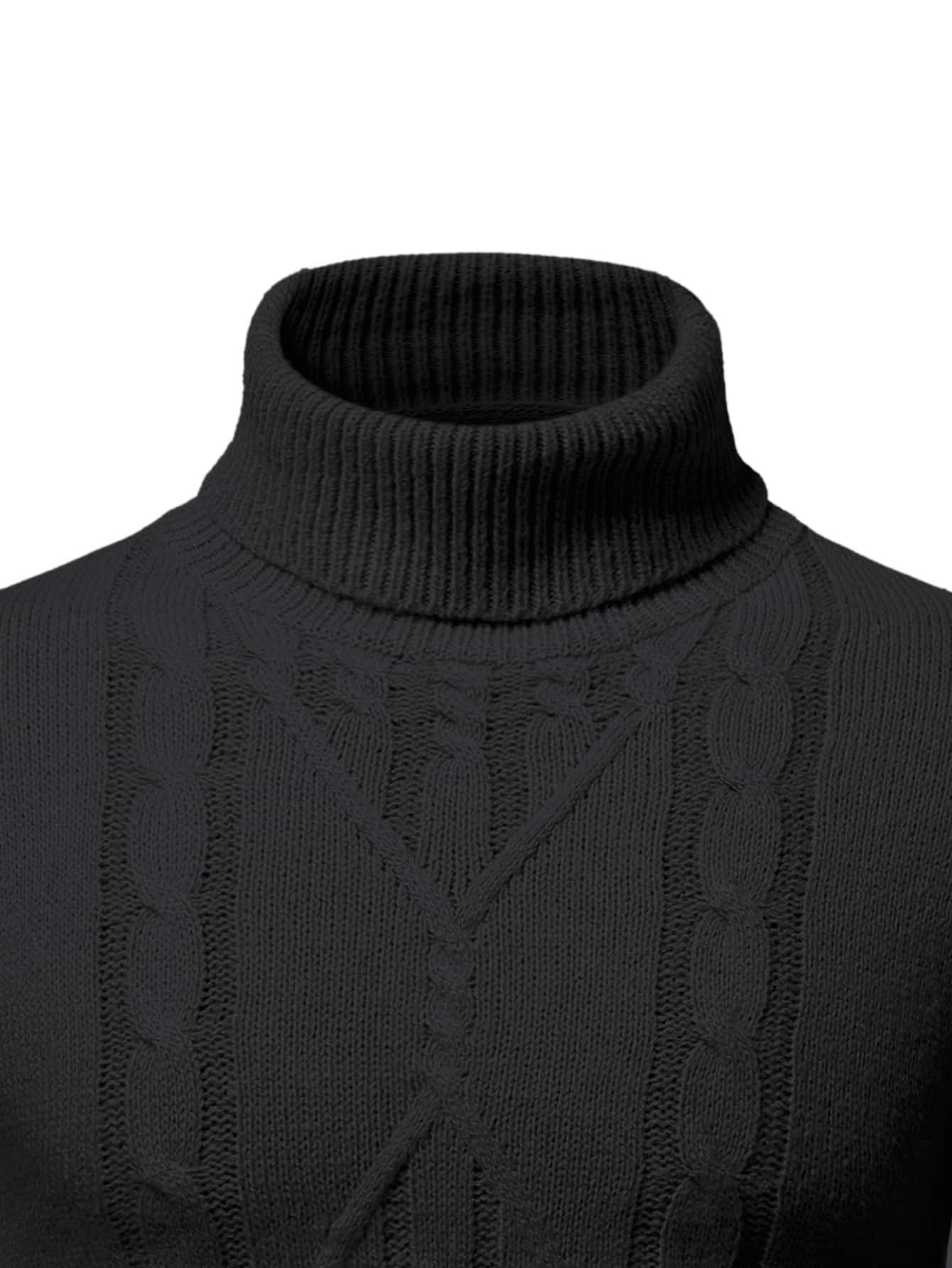Men Turtle Neck Cable Knit Sweater, Black Knitwear , Fall Winter, Long Sleeve Top