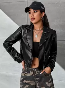 SHEIN Studded Detail Zip Up Biker Jacket - Black - View 4