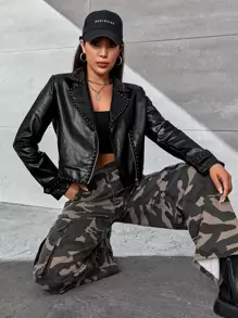 SHEIN Studded Detail Zip Up Biker Jacket - Black - View 1