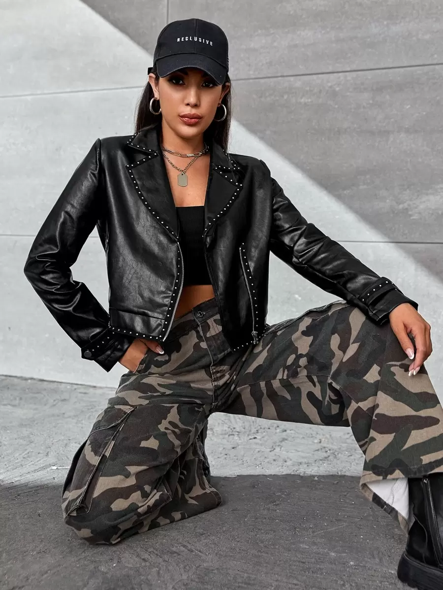 SHEIN Studded Detail Zip Up Biker Jacket - Black - View 1