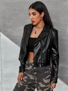 SHEIN Studded Detail Zip Up Biker Jacket - Black - View 5