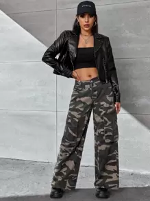 SHEIN Studded Detail Zip Up Biker Jacket - Black - View 3