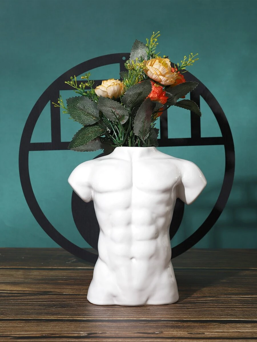 1pc Figure Design Flower Vase, White Polymer Clay Muscle Statue Vase For Home Decor - White - View 1