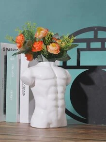 1pc Figure Design Flower Vase, White Polymer Clay Muscle Statue Vase For Home Decor - White - View 4