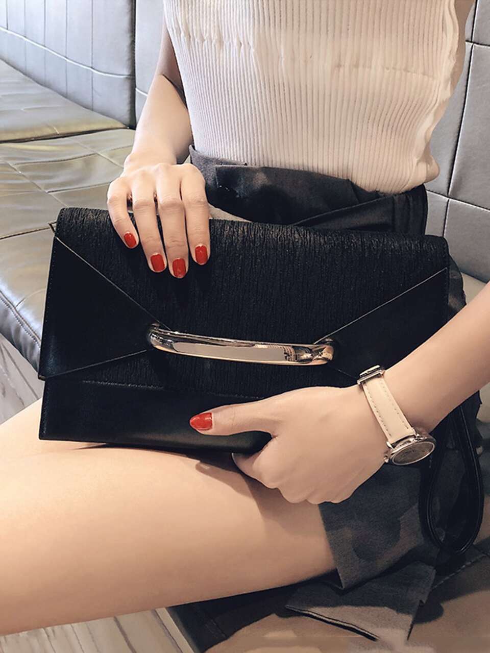 Metal Detail Flap Square Bag With Wristlet