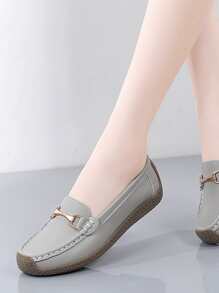 2025 Autumn Women's Fashionable Grey Pure Metal Flat Loafers With Metal Decoration