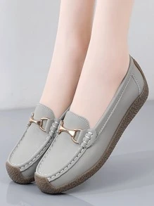 2025 Autumn Women's Fashionable Grey Pure Metal Flat Loafers With Metal Decoration