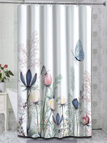 Butterfly & Floral Print Shower Curtain - Multicolor - View 1