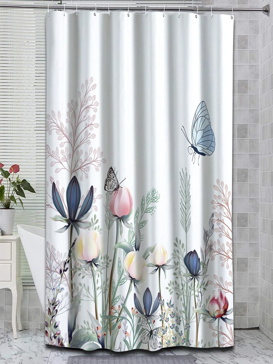 Butterfly & Floral Print Shower Curtain - Multicolor - View 1