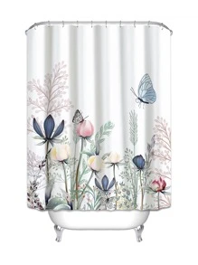 Butterfly & Floral Print Shower Curtain - Multicolor - View 2