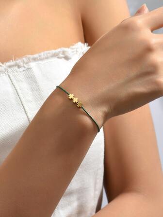 1 件合金三叶草和心形设计针织手链情人节、妈妈、母亲、母亲节、礼物