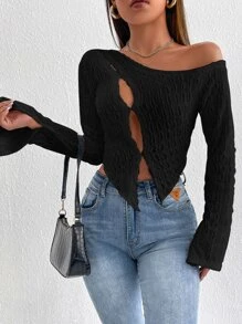 SHEIN PETITE Cut Out Asymmetrical Neck Split Cuff Crop Tee - Black - View 1