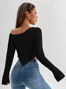 SHEIN PETITE Cut Out Asymmetrical Neck Split Cuff Crop Tee - Black - View 2